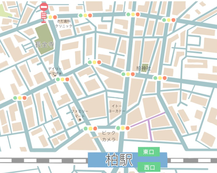 JR・柏駅（長全寺前）のバス停の地図です。